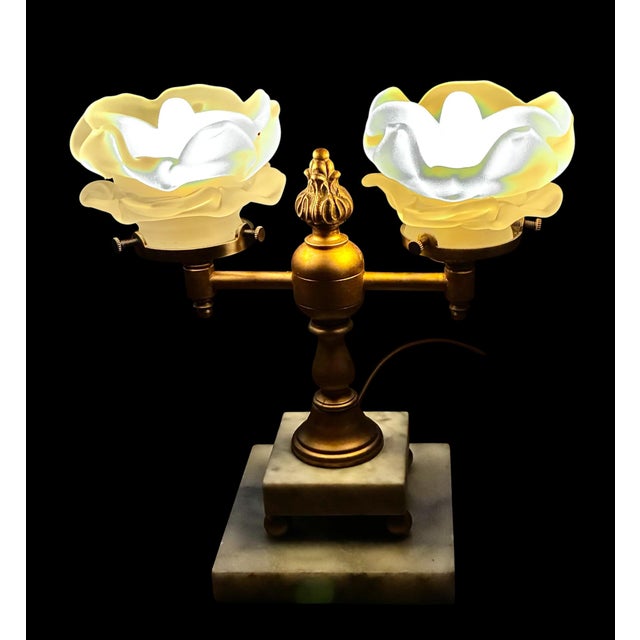 1950s Art Nouveau Style Double Arm Table Lamp With Frosted Floral Shaped Art Glass Shades For Sale - Image 10 of 15