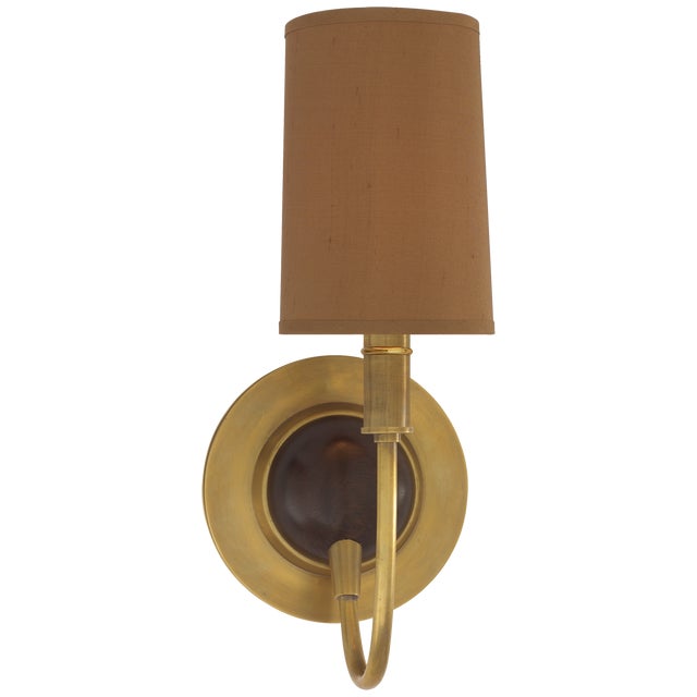 Modern Thomas O'Brien for Visual Comfort Signature Elkins Sconce in Hand-Rubbed Antique Brass & Chocolate Wood Finish with Fawn Silk Shade For Sale - Image 3 of 4