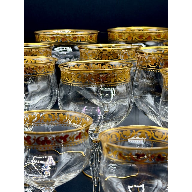 French Belle Époque Hand-Blown and Hand-Gilded Glass Champagne Coupes, Wine, Port and Liqueur Glasses, 1900s, Set of 18 For Sale - Image 18 of 18