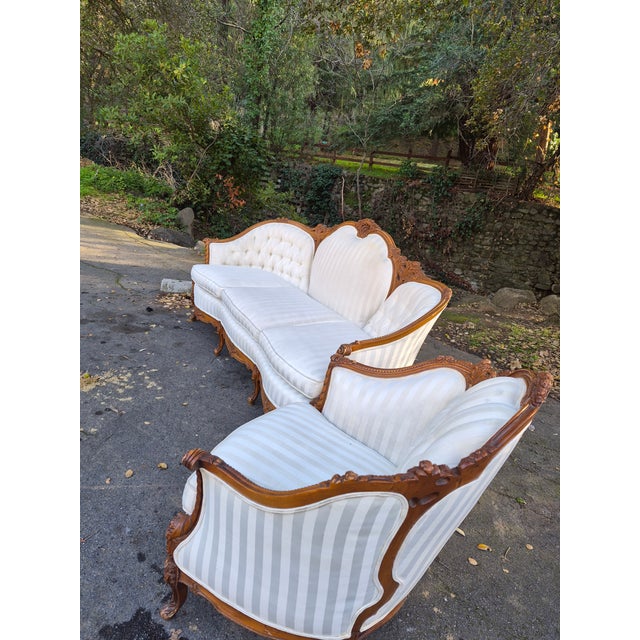 White Striped Satin Louis Xv Rococoo Revival Parlor Set For Sale - Image 4 of 4
