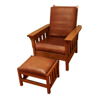 Early 21st Century Amish Made Mission Arts and Crafts Quartersawn Oak Morris Recliner and Ottoman For Sale