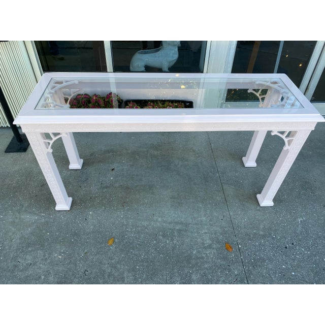 Vintage John Stuart Palm Beach Coral Lacquered Fretwork Glass Top Console Table For Sale - Image 12 of 13