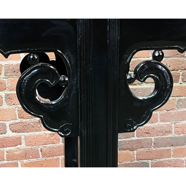 Chinoiserie Vintage Black Lacquered Chinese Altar Console Table With Carved Scrollwork For Sale - Image 3 of 10