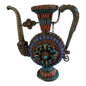 Antique Tibetan Brass Teapot / Ewer With Coral, Turquoise & Lapis Lazuli Inlay