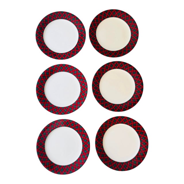 Sasaki Tartan by Charles Roberts 10.75” Dinner Plates | Red Green Plaid Rim Dinnerware - Set of 6 For Sale