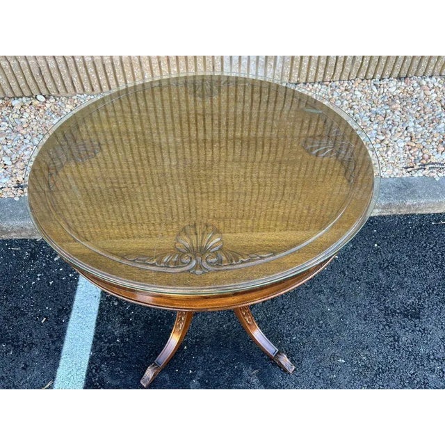 Late 20th Century Vintage Regency Style Mahogany Carved Round Table With Glass Top For Sale - Image 10 of 11