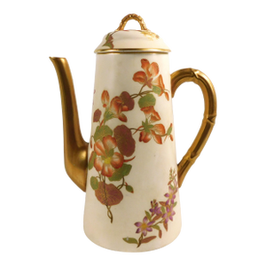 Late 18th Century Royal Worcester Cream Color Chocolate Pot With Pink and Orange Flowers