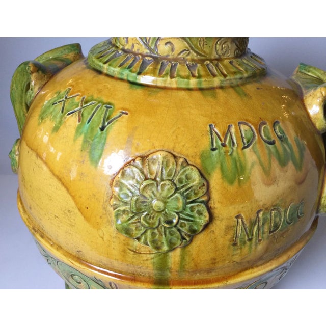 Large Italian Bright Yellow Glazed Earthenware Handled Vessel For Sale - Image 4 of 10