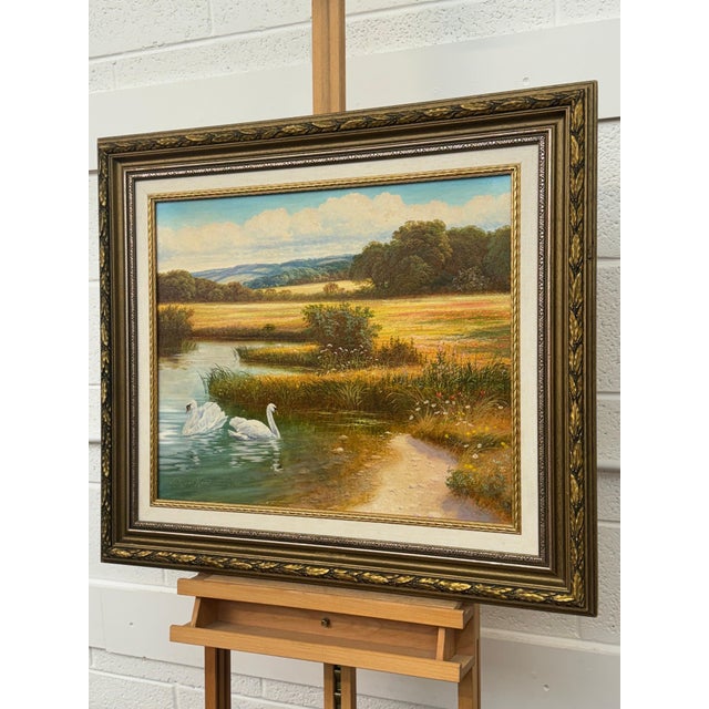 Swans on a River with Wild Flowers in the English Countryside by British Artist 1980 Circa For Sale - Image 14 of 18