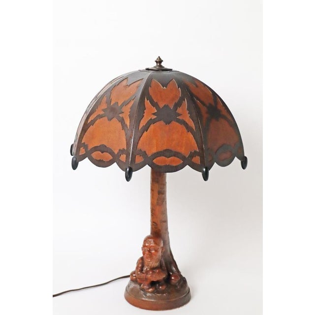 Wood Black Forest Table Lamp with Handcrafted Dwarf and Magic Mushrooms, Germany, 1920s For Sale - Image 7 of 18