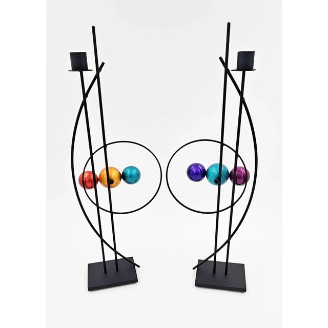 Metal Rick Martin Signed Abstract Modernist Memphis Pop Art Steel Candlesticks Pair For Sale - Image 7 of 14