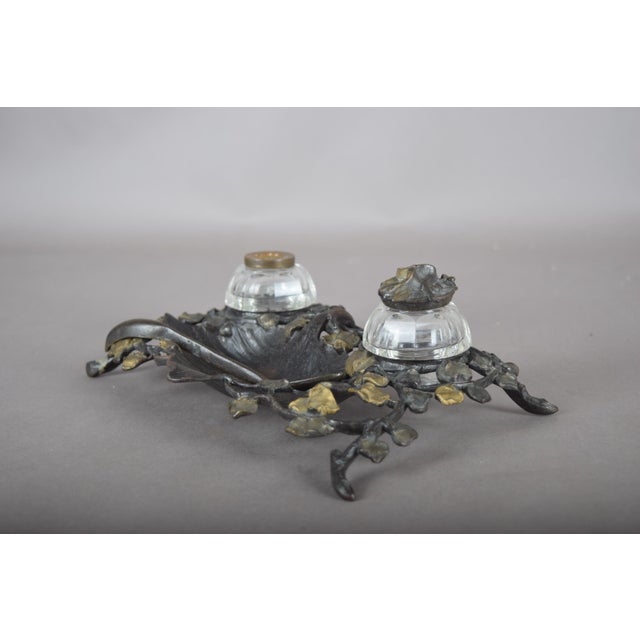 Brown Art Nouveau French Ivy Inkstand with Glass Inkwells, 1900s For Sale - Image 8 of 12