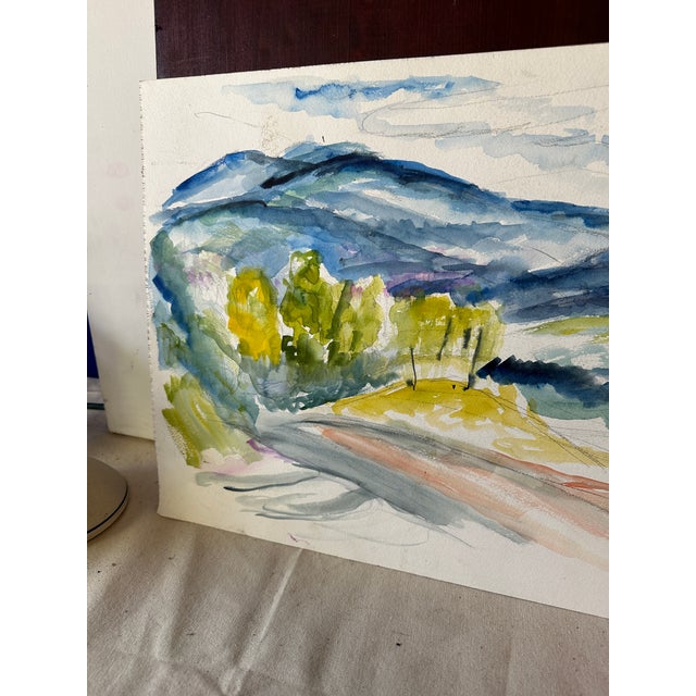 Paint Vintage Landscape Watercolor Painting of Trees and Mountains For Sale - Image 7 of 10