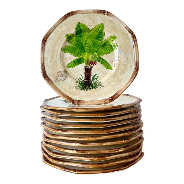 Vintage Coastal Glazed Ceramic Dinner Plates - Set of 12 For Sale