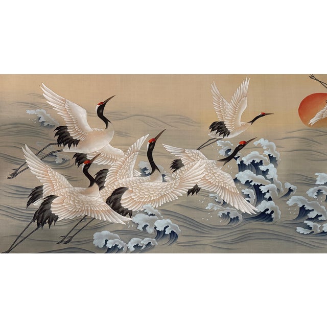 Pair of Vintage Japanese Hand-Painted Silk Crane Paintings, Signed, 45" For Sale - Image 4 of 16