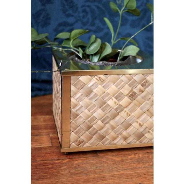 Mid-Century Modern Gold and Woven Fiber Planter - planter basket - brass and grass - houseplant - wicker planter -houseplant basket - boho planter - 70s glam For Sale - Image 3 of 8