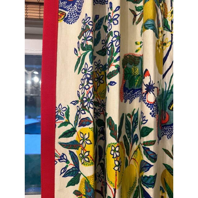 2020s Pair of Schumacher Citrus Garden Window Panels in Color Primary. Custom Trim Added to Inside Portion of the Panel For Sale - Image 5 of 10