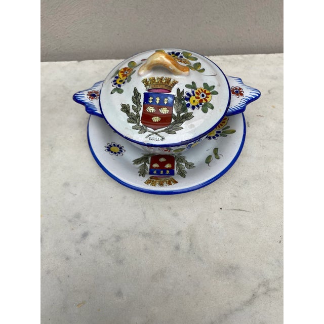 French Faience Tureen Keller & Guerin Saint Clement Circa 1900. Small tureen with plate decorated with flowers and coat of...