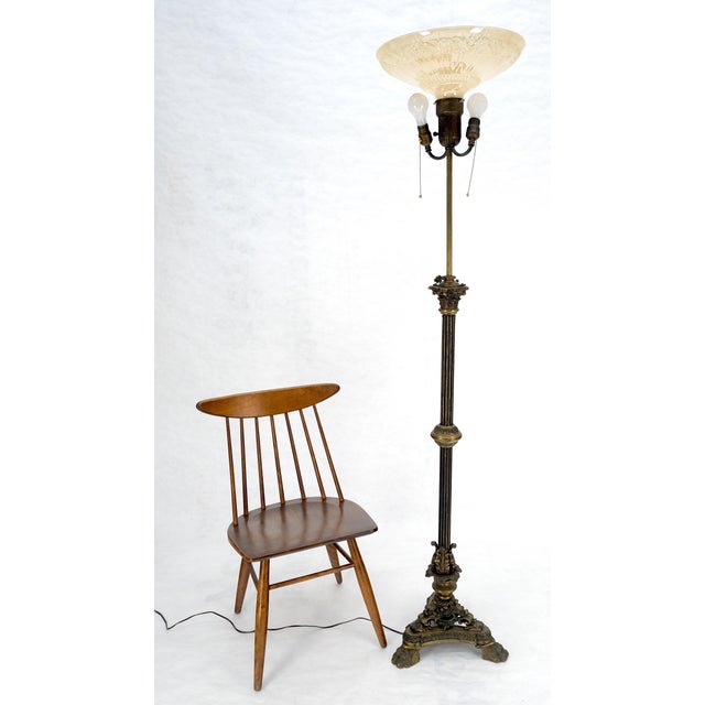 Art Deco Adjustable Height Heavy Brass Tripod Base Claw Feet Antique Floor Lamp For Sale - Image 3 of 17
