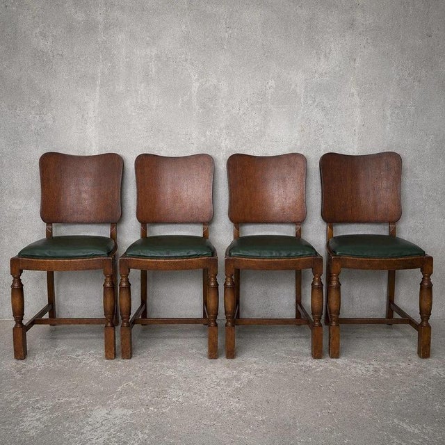 Arts and Crafts Art Deco Oak Dining Chairs with Green Vinyl Seats, Set of 4 For Sale - Image 9 of 9