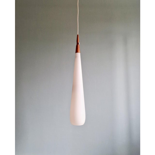 Scandinavian Suspension in White Opaline Glass & Teak by Uno & Östen Kristiansson for Luxus, 1960s For Sale - Image 10 of 14