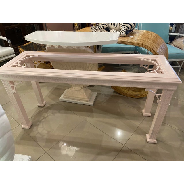 John Stuart Vintage John Stuart Palm Beach Coral Lacquered Fretwork Glass Top Console Table For Sale - Image 4 of 13