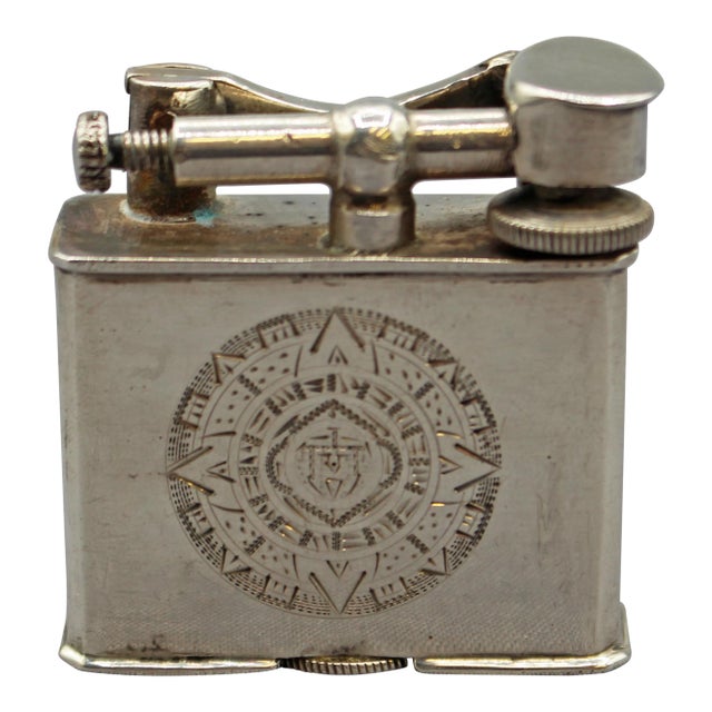 C. 1940s-50s Sterling Silver Lighter Engraved With an Aztec Calendar For Sale