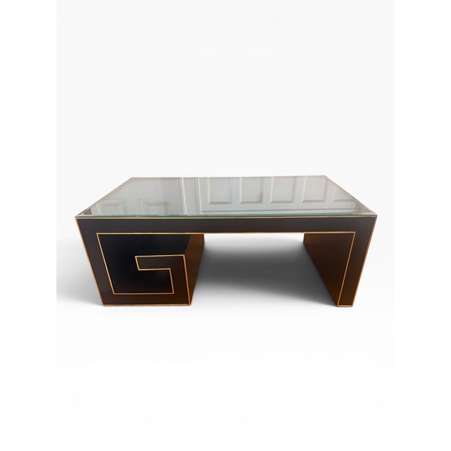 Currey & Company Currey & Company Modern Black Lacquer Coffee Table With Greek Key Gold Trim For Sale - Image 4 of 16