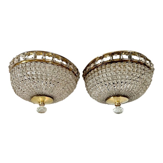 French Flushmount Beaded Crystal Chandeliers - A Pair For Sale
