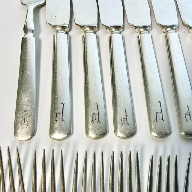 Mid 1800s Antique English Boho Chic Monogrammed Silver Plate Knives and Forks - Set of 70 For Sale - Image 12 of 17