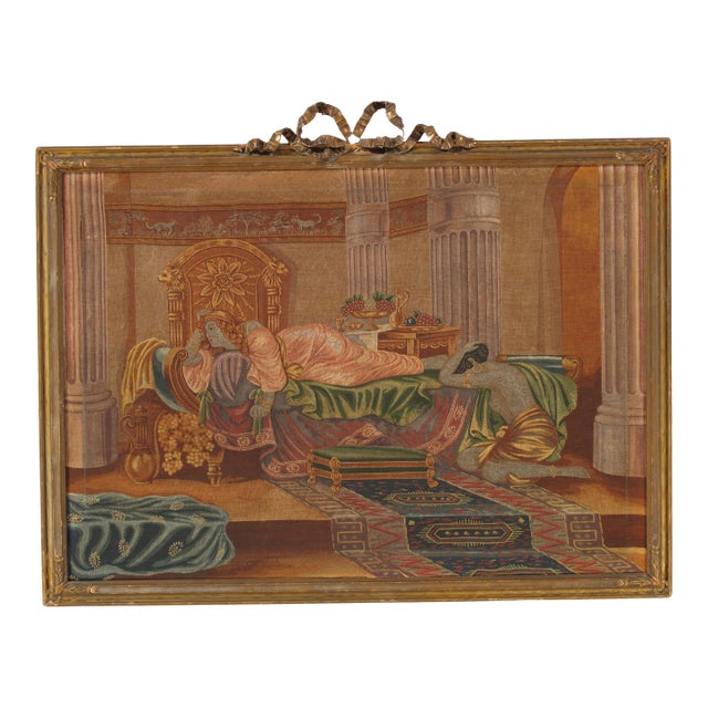 Antique Handcrafted needlepoint depicting a classical romanticized Orientalist For Sale