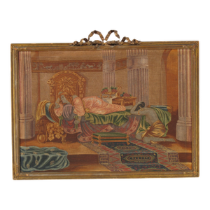 Antique Handcrafted needlepoint depicting a classical romanticized Orientalist