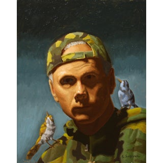 Camouflaged by Shawn Sullivan | Oil on Panel Portrait of a man in camouflage with birds. For Sale