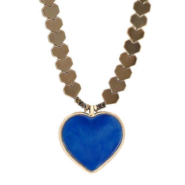 Contemporary Murano Glass Blue Heart Pendant Gold Hematite Happy Necklace For Sale - Image 3 of 10