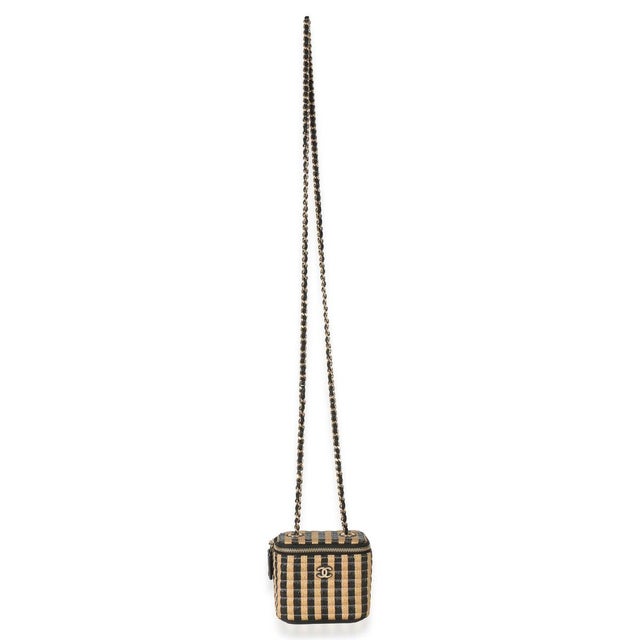 Beige Black Beige Raffia Jute Striped Mini Vanity Case With Chain For Sale - Image 8 of 9