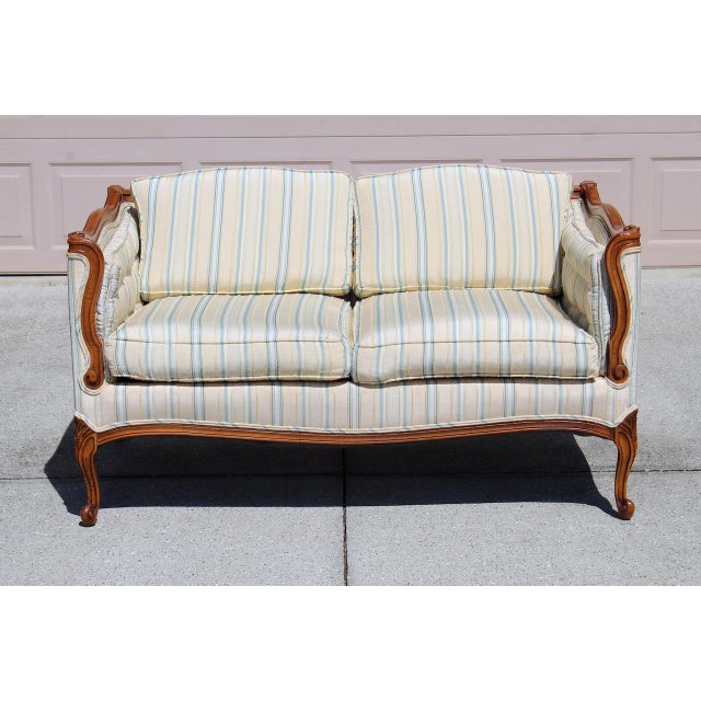 French Vintage French Louis XV Style Settee Solid Carved Wood Frame With Striped Upholstery - Circa 70s For Sale - Image 3 of 16