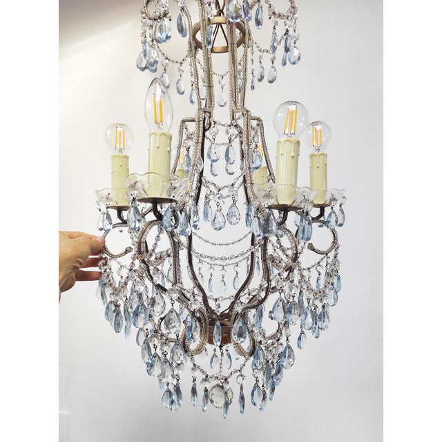 Italian Waterfall Chandelier in Gold-Plated Metal with Blue Crystals, 1960s For Sale - Image 13 of 14