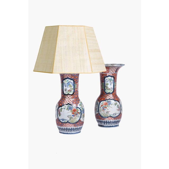 A pair of antique Japanese Arita Imari porcelain vases, available as lamps. Meiji period (1868-1913) Japanese porcelain...