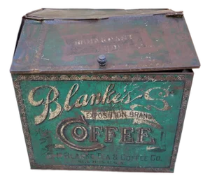Antique C.F. Blanke Tea and Coffee Company Exposition Brand Green Tin Coffee Bin