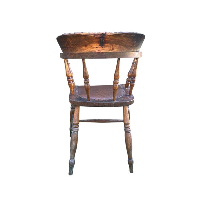 Wood 19th Century Wabi Sabi Naturally Distressed English Elm Smokers Bow Captains Armchair Signed J. C. For Sale - Image 7 of 12