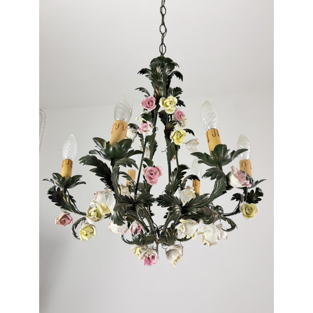 Florentine Six-Light Chandelier in Wrought Iron and Porcelain, 1970s For Sale - Image 11 of 11