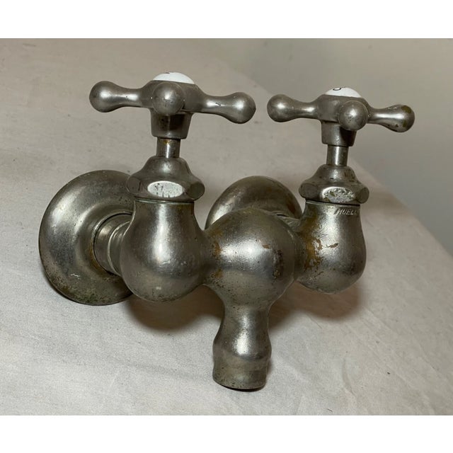 Industrial Antique Nickel Plated Brass Mueller Porcelain Industrial Wall Faucet Fixture For Sale - Image 3 of 12