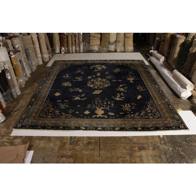 Antique Samarkand Rug Art Deco Blue and Gold Pattern For Sale - Image 4 of 9
