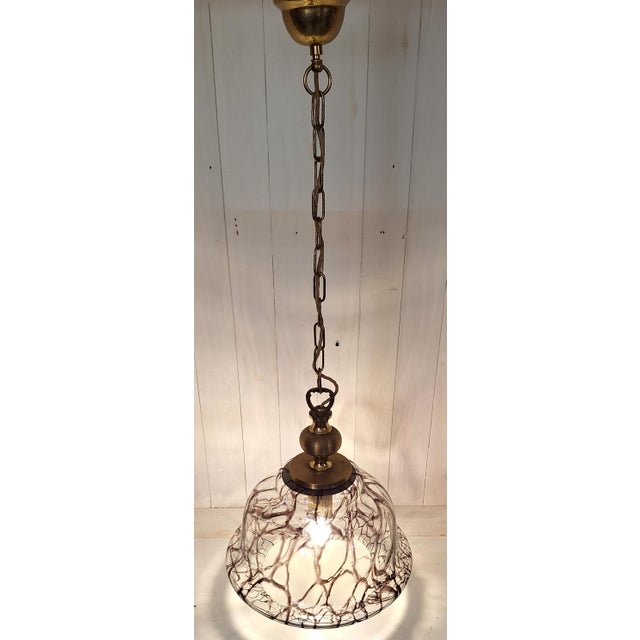 Vintage Ceiling Lamp with Purple-Brown Marbled Clear Glass Shade with on Brass Mount For Sale - Image 3 of 7