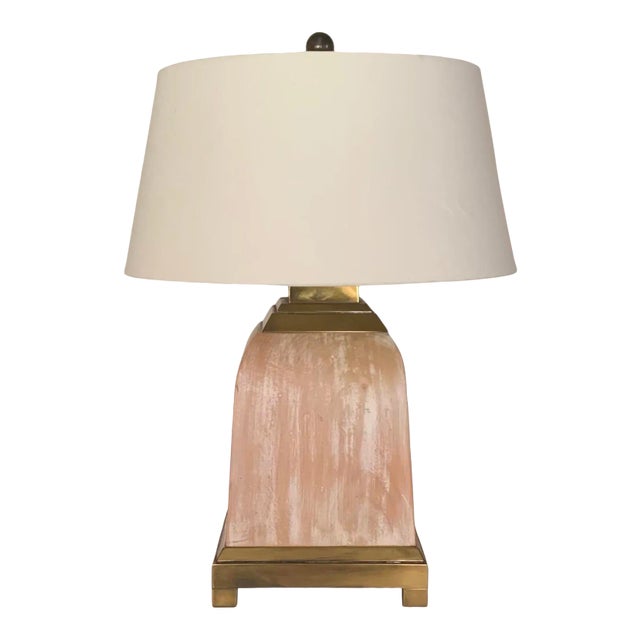 Vintage 1980s White Washed Wood and Brass Square Lamp With Shade For Sale