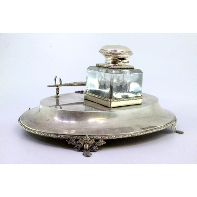 Silver and Glass Inkwell with Pen Holder, Monogram Plaque and Raised Feet For Sale - Image 3 of 6
