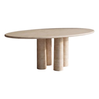 Oval Filled Travertine Mario Dining Table with Column Legs by My Habitat Design For Sale