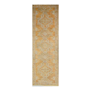 Antique Turkish Oushak 3X11 Golden Beige & Khaki Handmade Runner Rug #1140253
