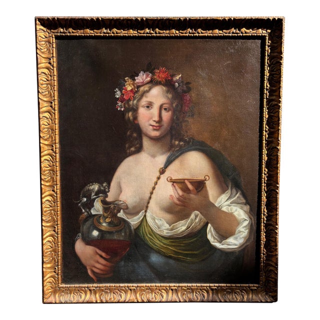17th Century Framed Oil Painting Italian School Female With Garland of Flowers With Ewer and Cup For Sale