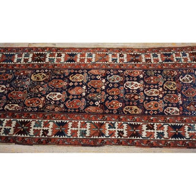 Antique Caucasian Blue Tribal Paisley Wool Hallway Runner Kazak Rug For Sale - Image 9 of 9